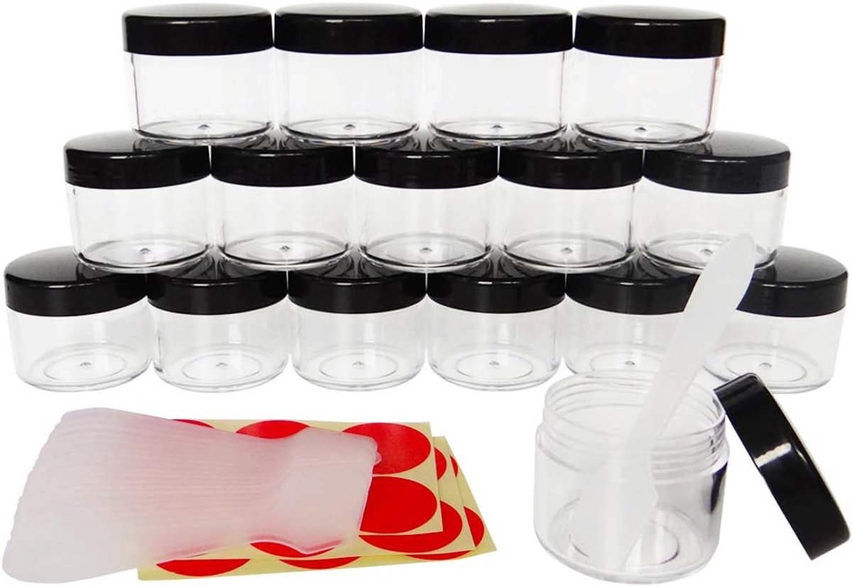 SnelShoppen - 16 Stuks 20ml Kleine Refill Jars, 20g Lege Cosmetische Potjes met Zwarte Schroefdop, Plastic Ronde Jars voor Make-up, Oogschaduw en Nage