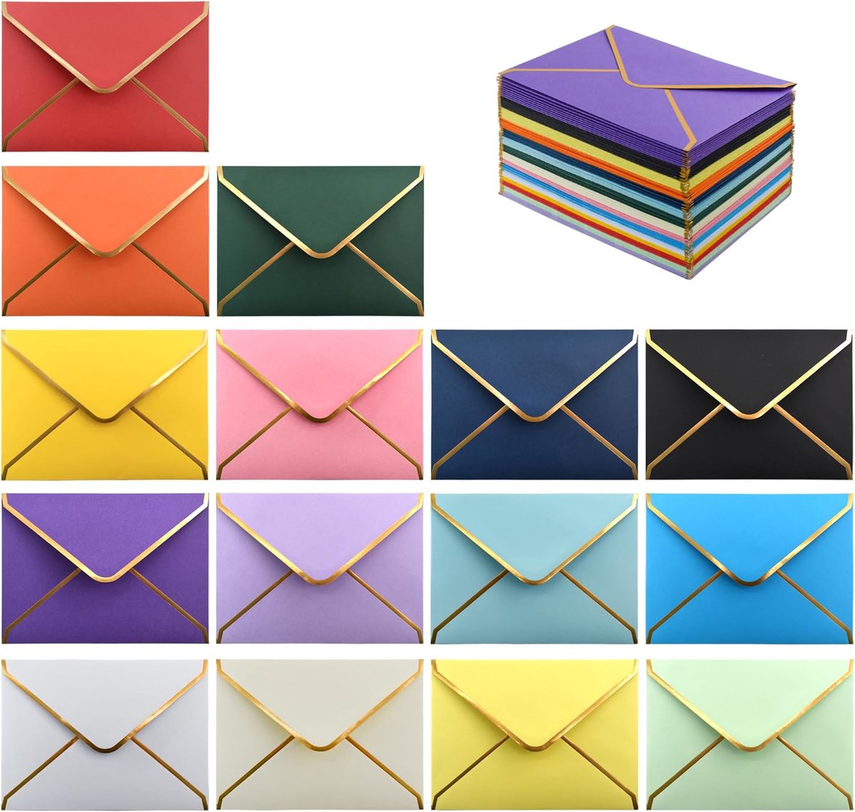 SnelShoppen - 150 Stuks Kleurrijke Uitnodigingsenveloppen Zelfsluitend A6 Met Gouden Rand voor 4 x 6 Kaarten, Bruiloft, Afstuderen, Feest, 15 Assortim