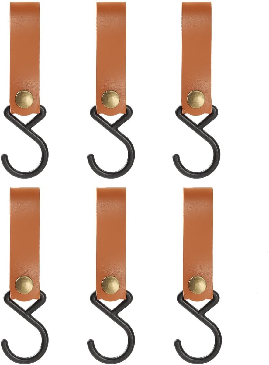 SnelShoppen - 6 Stuks S Haken voor Hangend Gebruik, Camping Haken, PU Leer Haken, Bruine Haken voor Potten, Fakkels, Kappen, Handdoeken, Keuken, Buite