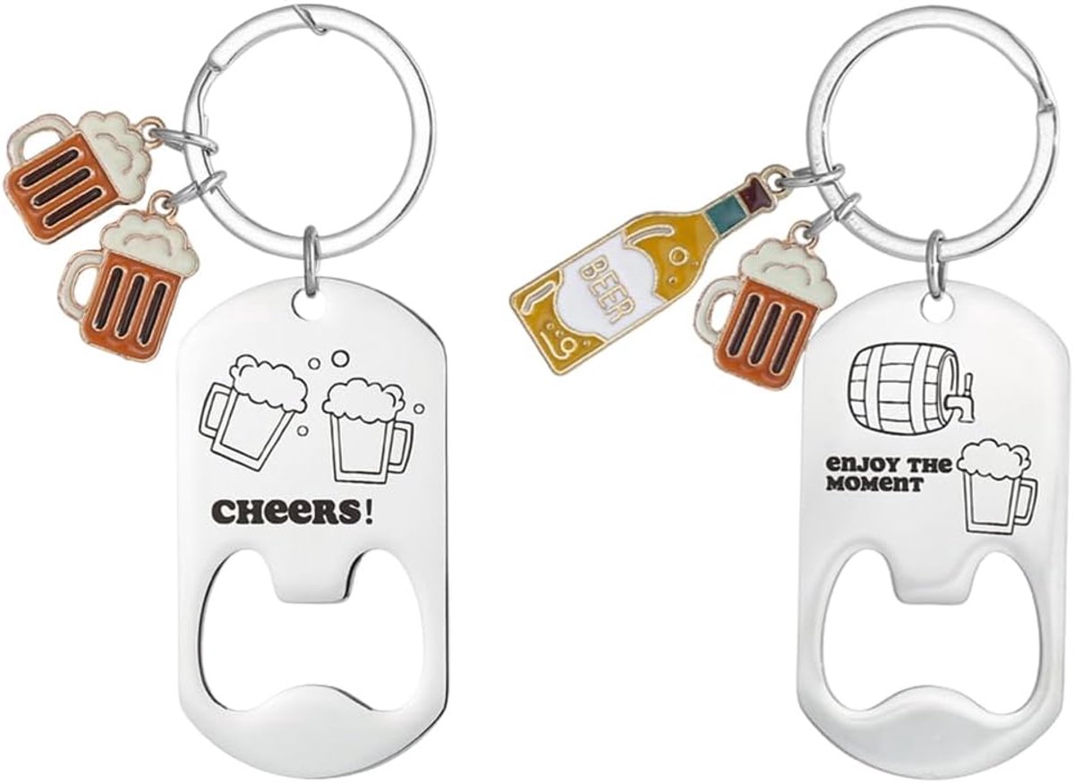 Sleutelhanger, Flesopener - RVS - Gegraveerd met 'enjoy the moment, cheers!' - Perfect voor bij een feestje - SnelShoppen