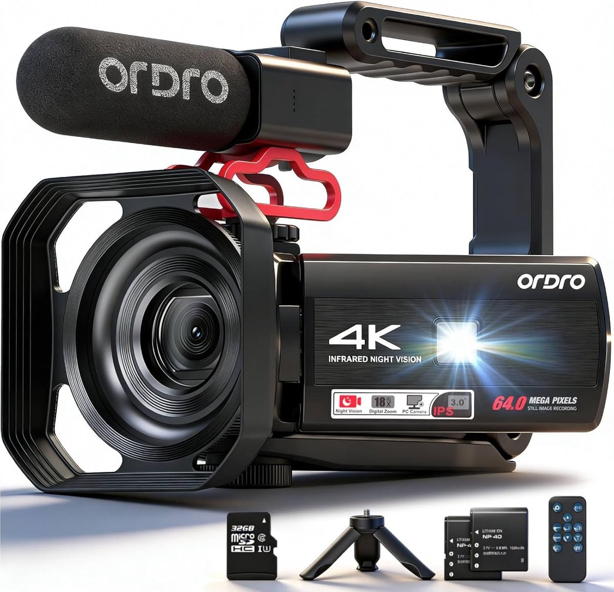 SnelShoppen - ORDRO Z36 Camcorder 4K, 64MP Vlogging Camera met 18X Digitale Zoom, LED Vullicht, 3.0 Inch Scherm, IR Nachtzicht voor Feesten, Camping e
