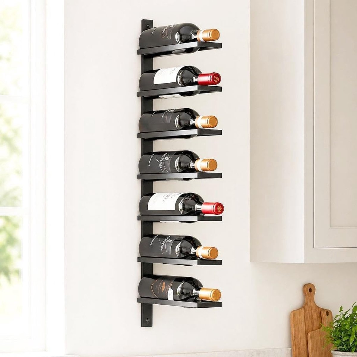SnelShoppen - Wand wijnrek metaal zwart 7 flessen moderne wandhouder flessenrek voor keuken, woonkamer, feest, 75 cm hoog, 7,5 cm breed