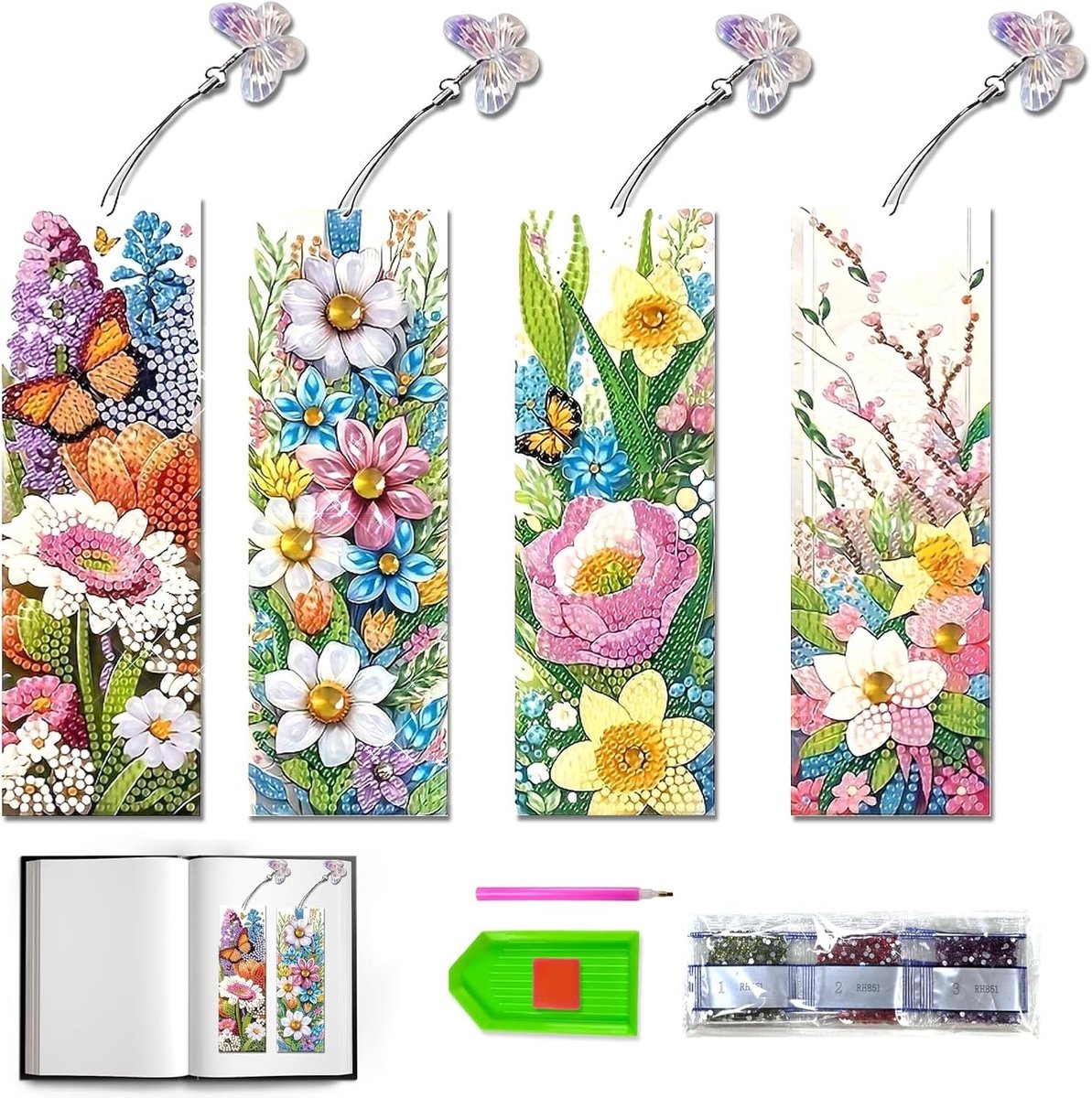 Floral Design Diamond Painting, 4 Stuks Acryl Boekenleggers met Vlinder Hanger, Creatief DIY Cadeau voor Tieners en Volwassenen