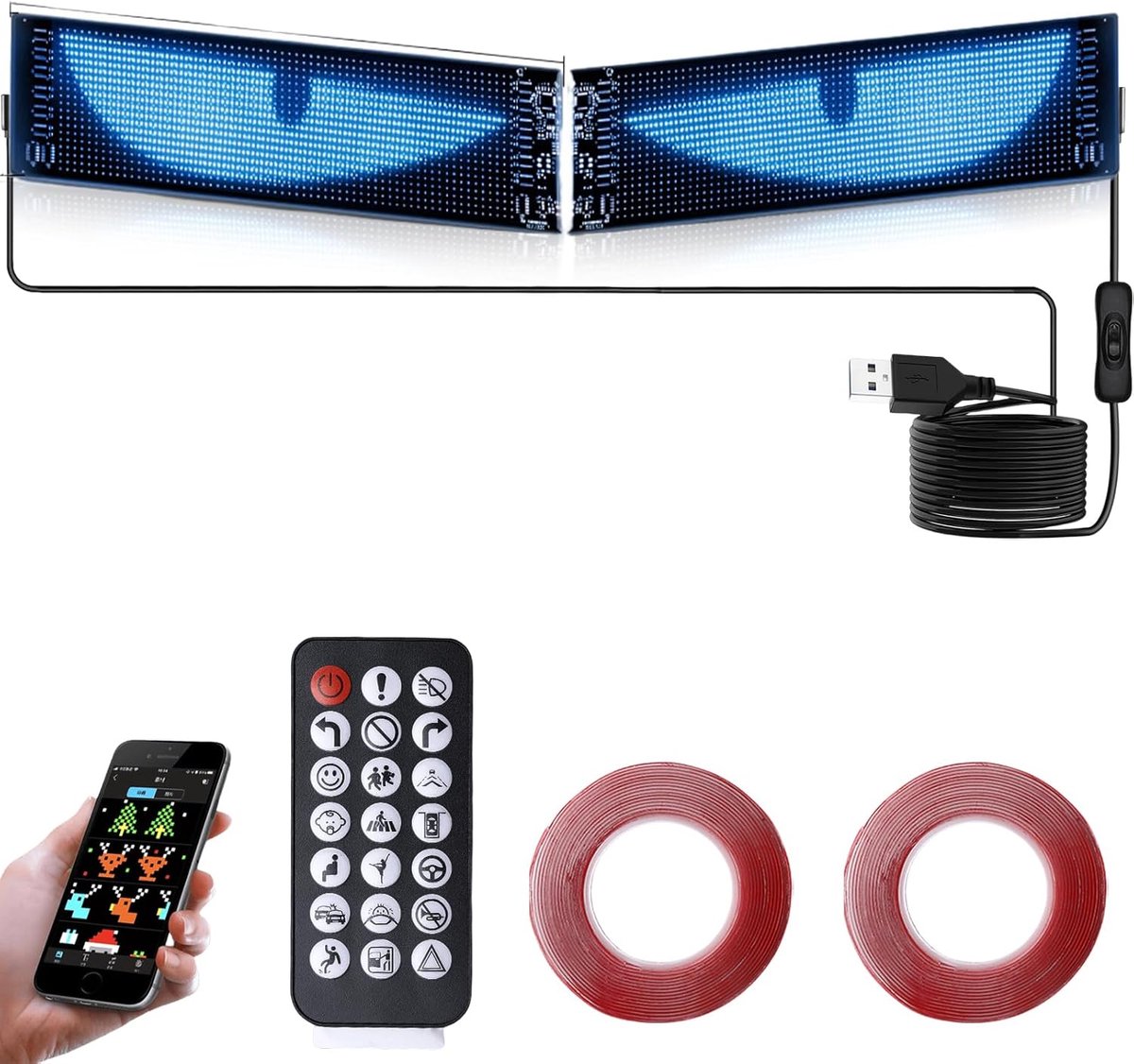 SnelShoppen - 2 LED-Ogen voor Auto/Vrachtwagen, Duivelooglichten, 10 x 35 cm, RGB LED, Bluetooth App-Bediening, Afstandsbediening, USB 5V, Gepersonali