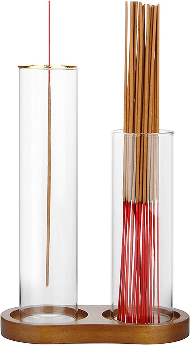 Wierookhouder met glazen spiraal 20 cm - houten basis - voor aromatherapie - perfect voor yoga - ShopVlot