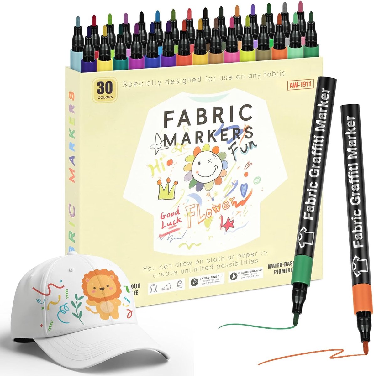 SnelShoppen - 30 Textile Pens voor T-Shirts, Jeans en Stoffen Tassen - Wasbare, Niet-Giftige Textielmarkers met Fijne Punt - Creatieve Hobby Pens in V