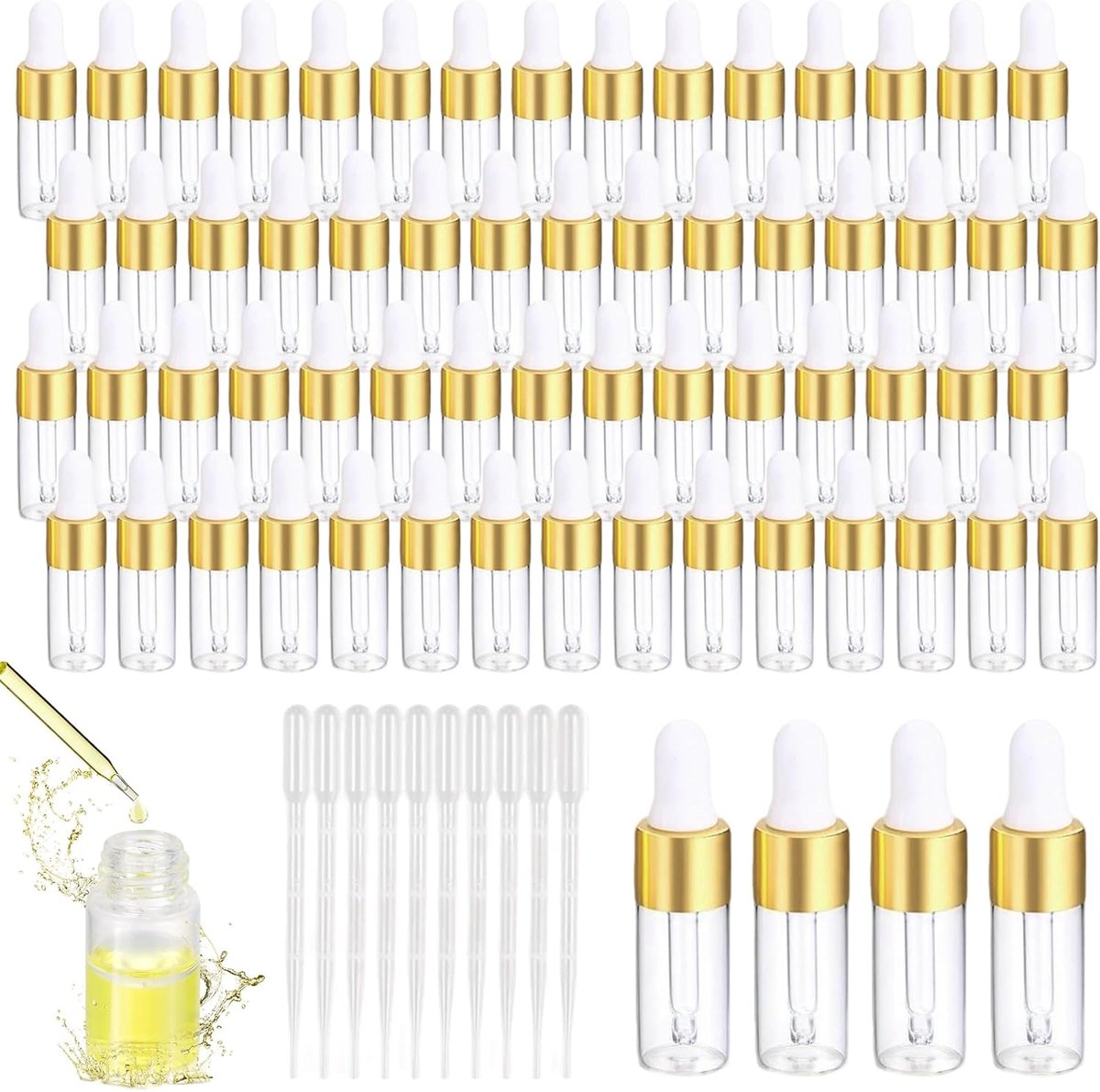 SnelShoppen - Pack van 60 Mini Druppelflesjes 2ml met Pipetten - Transparante Kleine Druppelflessen voor Etherische Olie, Aromatherapie, Vloeibare Par