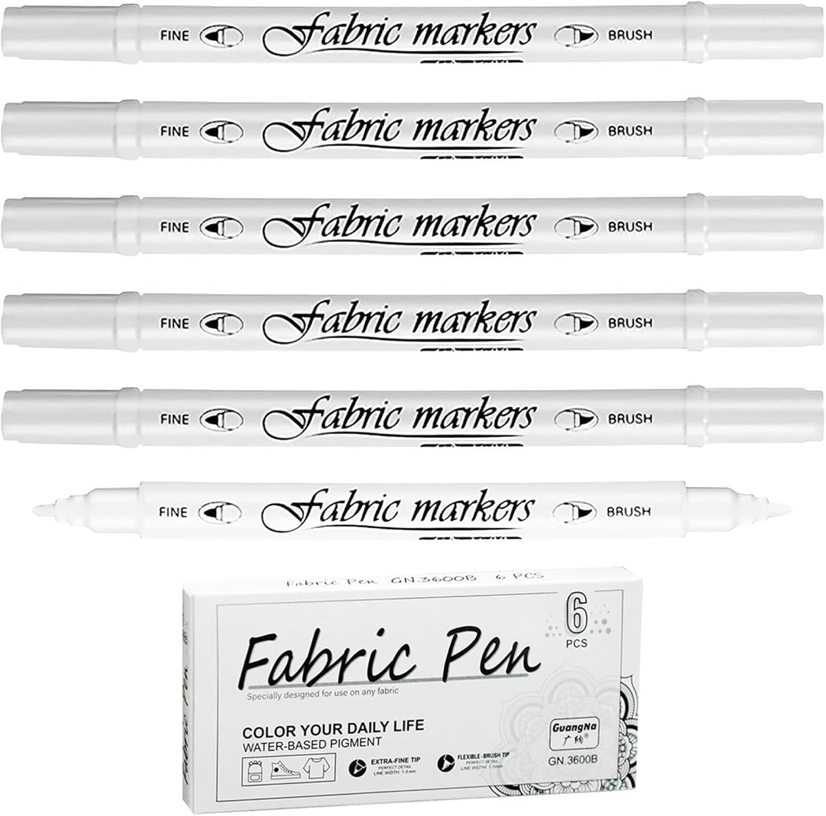 SnelShoppen - Pack van 6 witte textielmarkers, permanent wasbaar, dubbele punt voor T-shirts & stoffen tassen - textielpennen wit