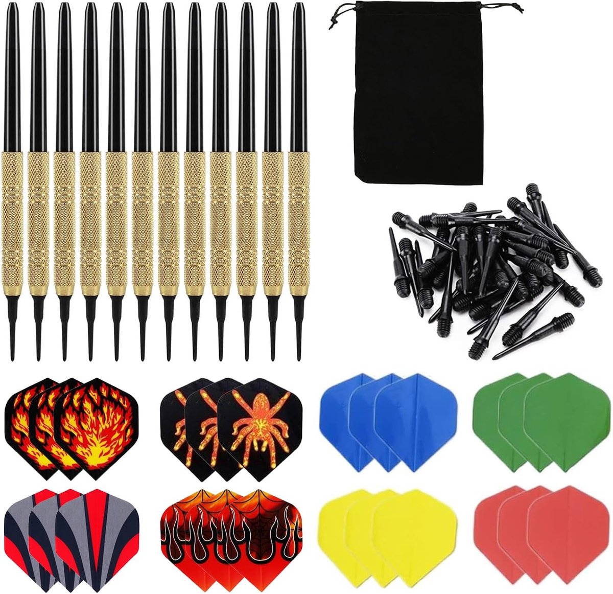 12 x Dart Flights with Plastic Tip Set with 24 Extra Flights and 8 Designs, 100 Plastic Dart Tips for Replacing - ShopVlot