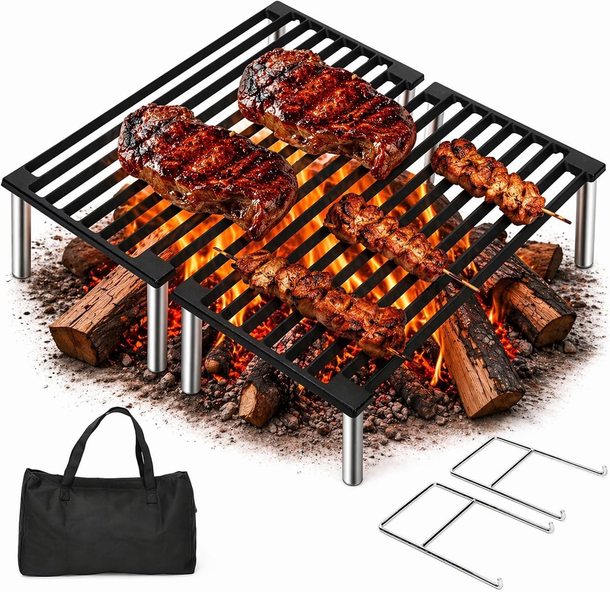 SnelShoppen - 40.6 x 40.6 cm Tuscan Grillrooster met Poten, Houtskool Barbecue, Vouwbare Grill, Tafelgrill met Draagtas en Handvat, Buiten Grillrooste