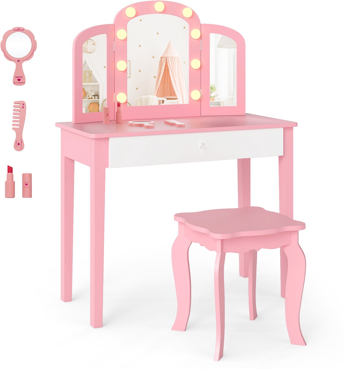 COSTWAY 2-in-1 kindermake-uptafel met verlichting, kaptafel met lade, inklapbare en 3-kleurige spiegel, prinsessen-make-uptafel met kruk, make-upcommode voor meisjes vanaf 3 jaar (roze)