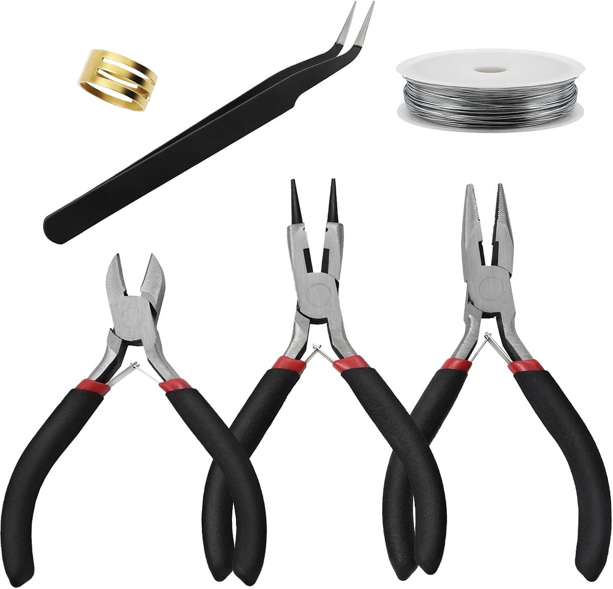 SnelShoppen - Professionele Juweliers Pliers Set (3 Stuks: Naald-, Ronde Pliers en Draadknipper) + 304 RVS Draad (3 Rollen, 0.5 mm x 100 m, Zilver) vo