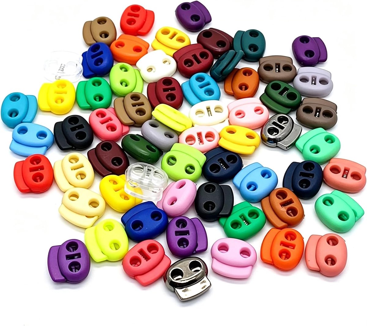 SnelShoppen - 50 stuks koordstoppers met 2 gaten, kunststof koordklemmen voor 4 mm koord, 18 x 20 mm, kleurrijk voor kamperen, wandelen, sport en rugz