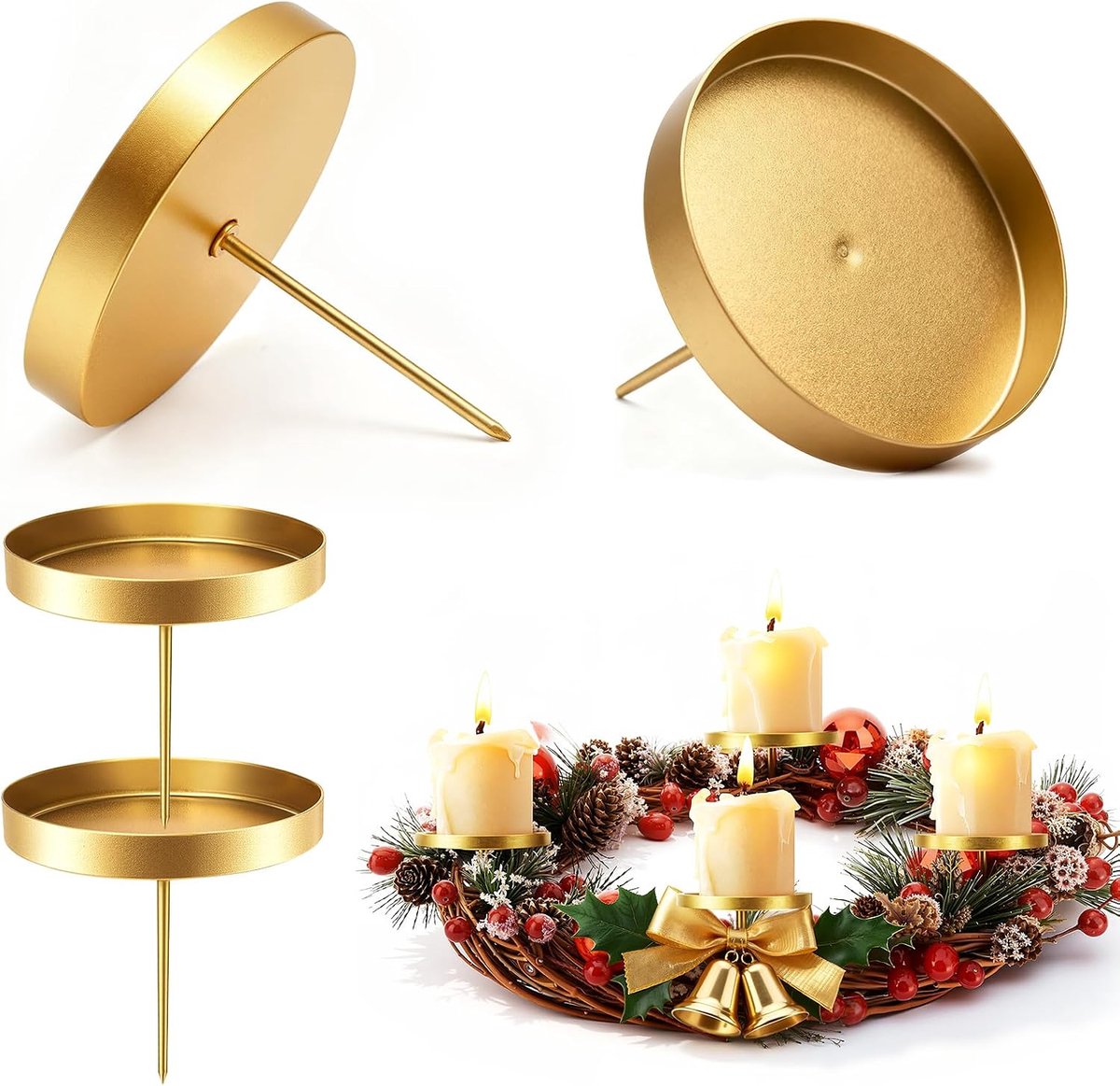 SnelShoppen - Adventskrans Kaarsenhouder Goud, 8 cm, 4 Stuks Metalen Kaarsenstandaard, Kaarsenplaat Voor Zonder Mandrel, Pilaar Kaarsen, Adventskrans,