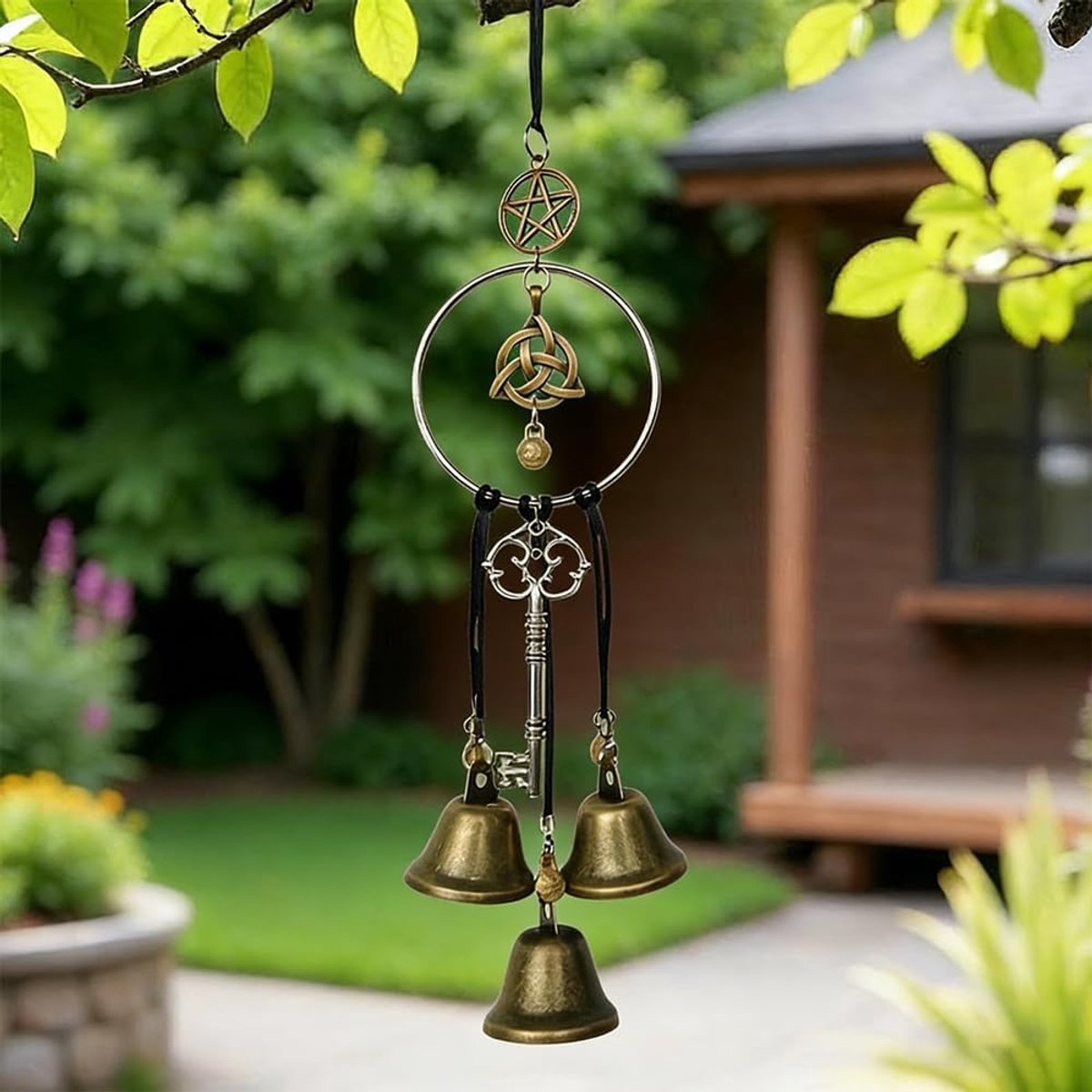 SnelShoppen - Tuinwindgong met Heksenbelletjes - Weerbestendige Windgong voor Binnen en Buiten - Set van 3 Bronzen Decoratieve Heksenklokken voor Huis