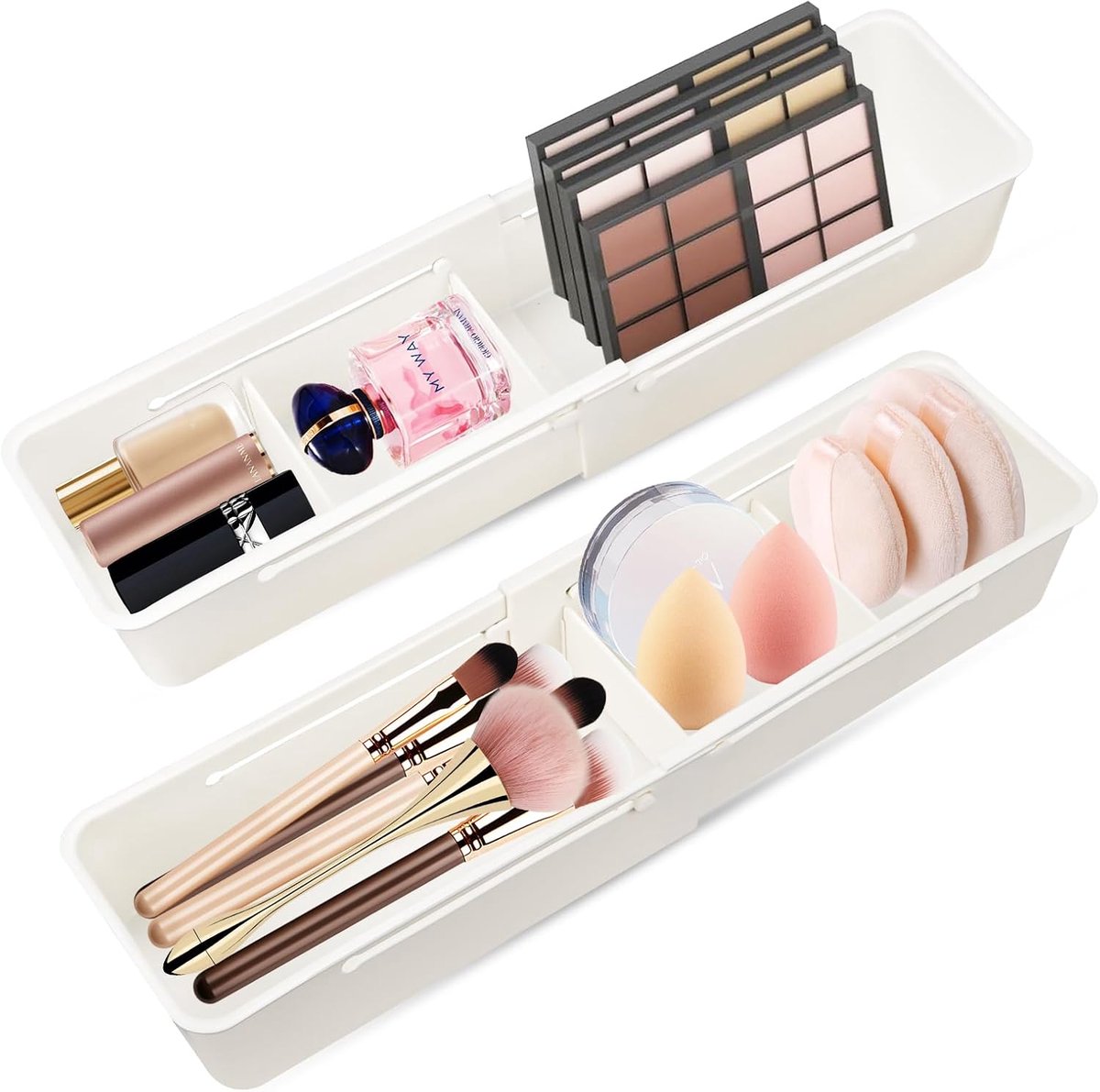 SnelShoppen - 2 Stuks Verstelbare Lade Organizer, 26.5-38.5 cm Lang en 6.5 cm Hoog, Perfect voor Make-up, Cosmetica, Kantoor en Sieraden