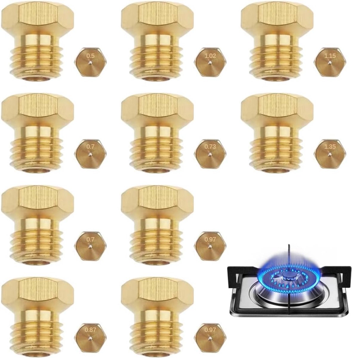 Gasnozzles pack van 10 - universeel messing - verschillende maten voor gaskookplaten - ShopVlot