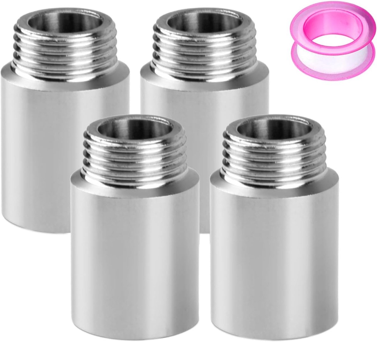 SnelShoppen - 4 Stuks Kraanverlenging 1/2 Inch 30mm Douchekop Verlenging Roestvrijstaal met 1 Rol Dichtband voor Verwarmings- en Drinkwaterinstallatie