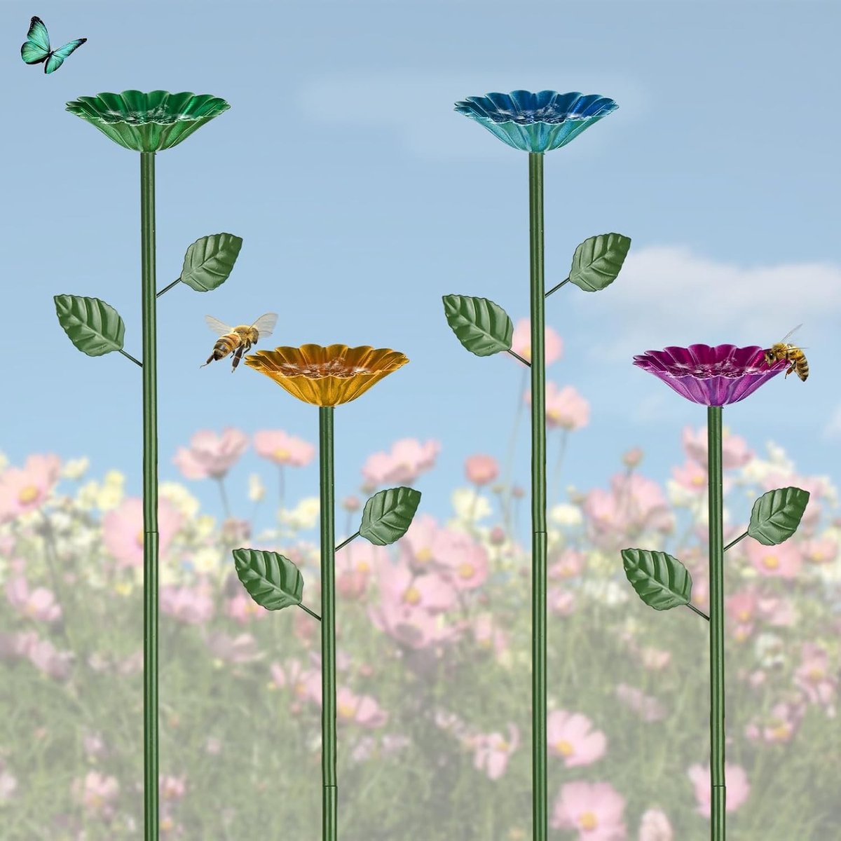 Set van 4 Bijen Drinkbekers voor de Tuin - Vintage Vogelbad, Winterbestendig en Perfect voor Tuinporches (Roze, Blauw, Geel, Paars)