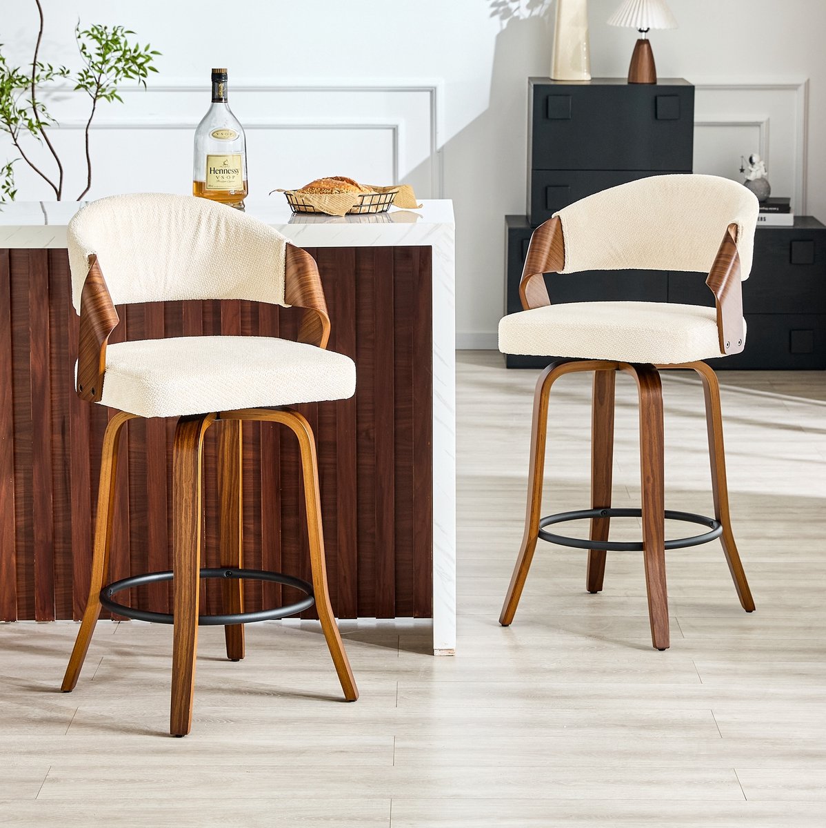 MIVRAY Barkruk Set van 2 95 Cm Met Rugleuning En Armleuningen Met Voetsteun Voor Bar Keuken Eiland Houten Frame Stof Wit