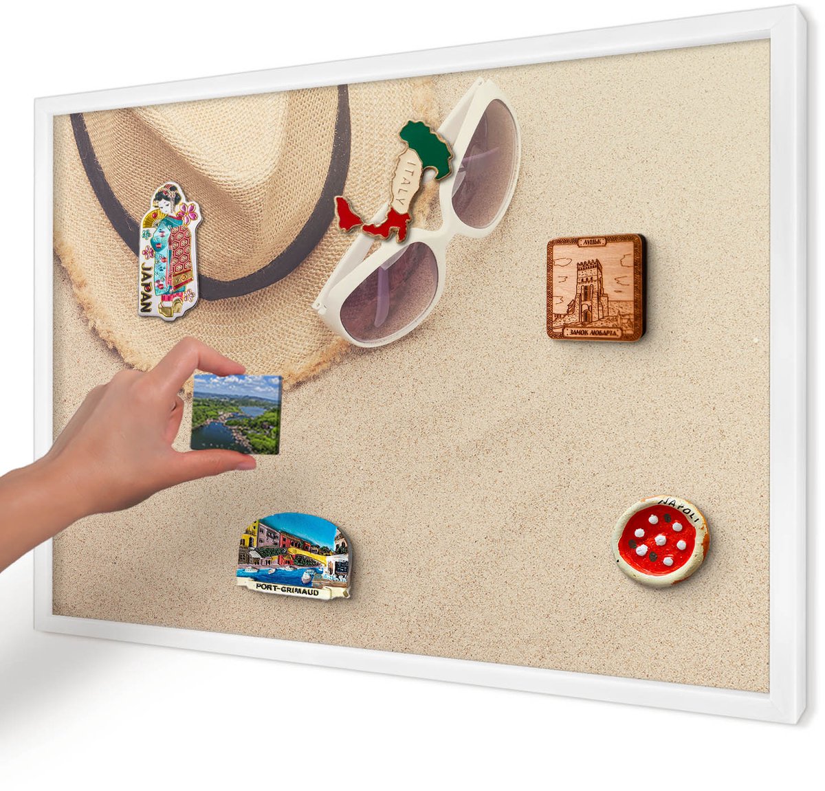Artprintcave Beige Magneetbord mit Witte Lijst - 60x40 cm - Zomerstrand Magnetisch Bord Voor Magneten - Fotografisch Bord Voor Magneten - Reis