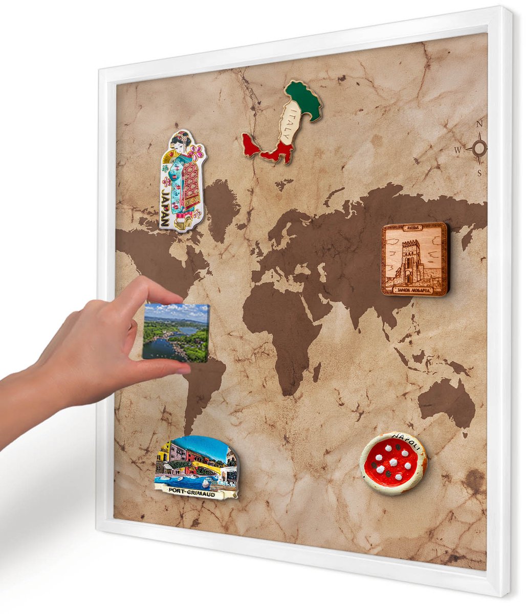 Artprintcave Bruin Magneetbord mit Witte Lijst - 50x50 cm - Wereldkaart Magnetisch Bord Voor Magneten - Vintage Bord Voor Magneten - Kaarten