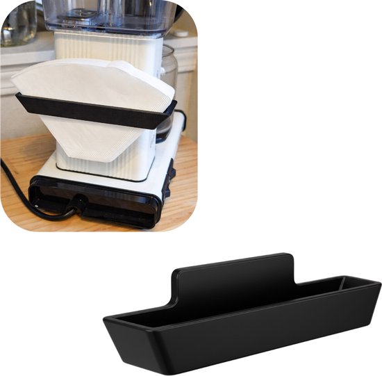 Zwarte houder voor koffiefilters met een rechte rand en een verhoogd middenstuk.