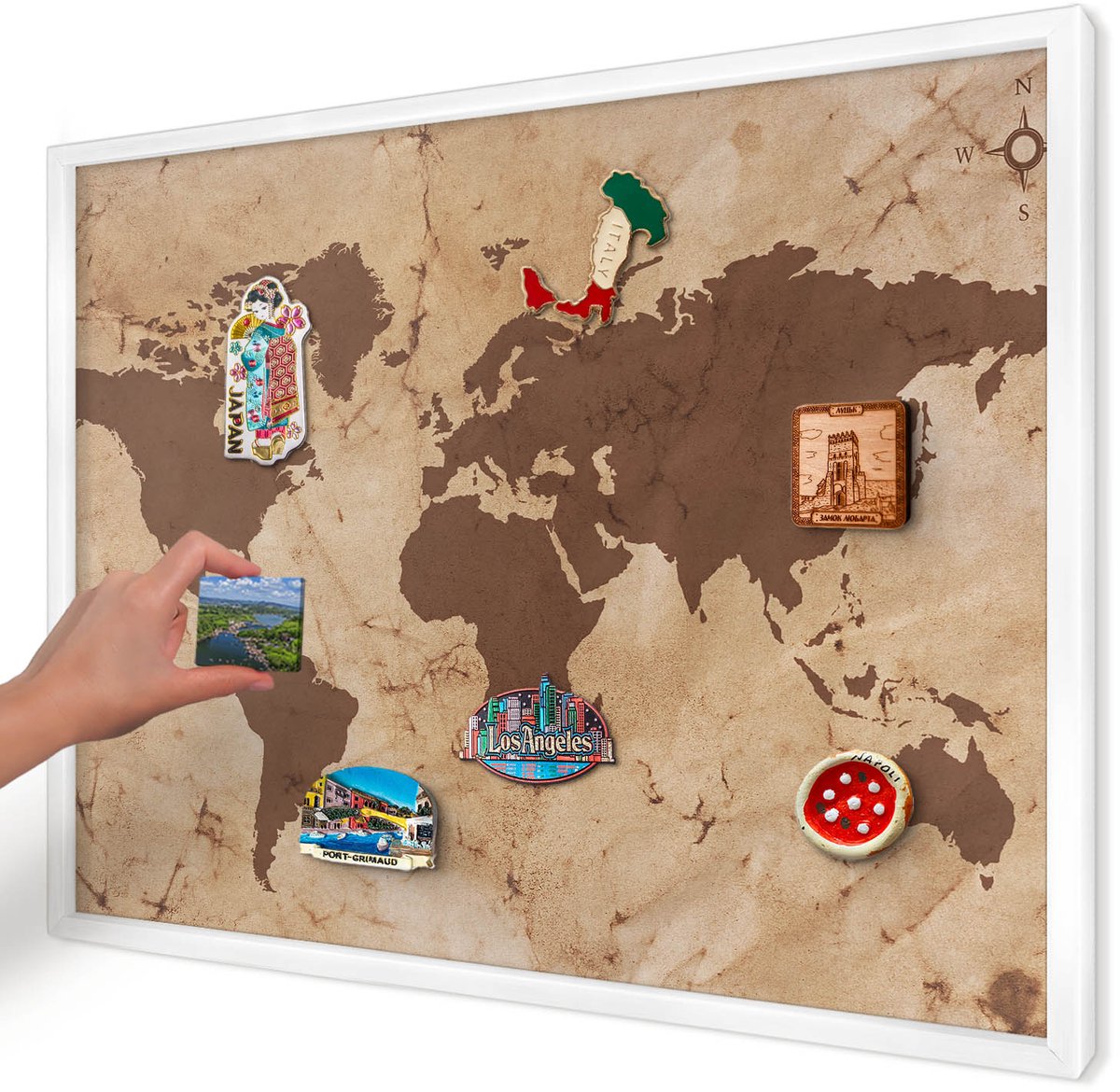 Artprintcave Bruin Magneetbord mit Witte Lijst - 70x50 cm - Wereldkaart Wandbord Magnetisch - Vintage Magnetisch Bord - Kaarten