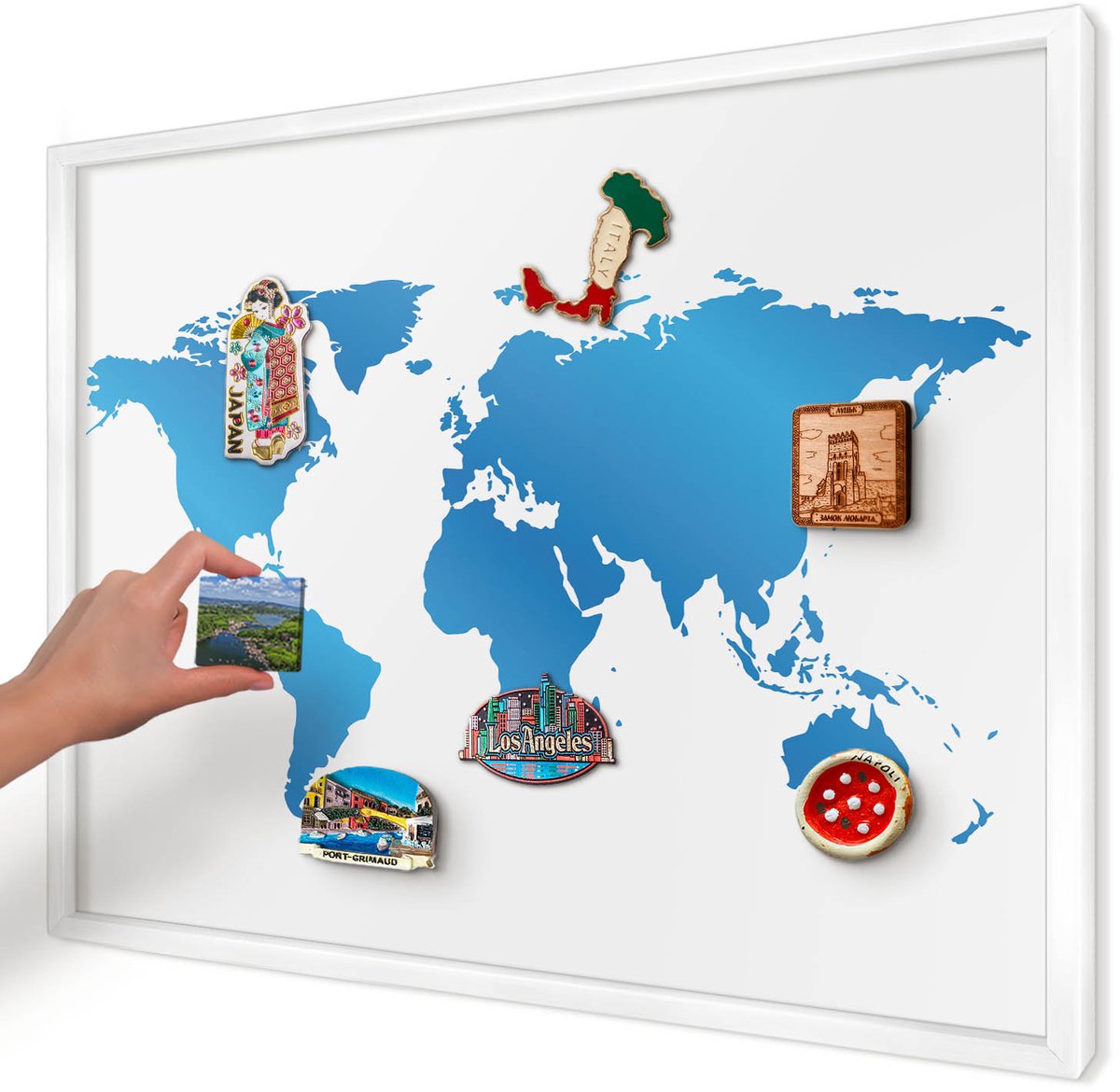 Artprintcave Blauw Magneetbord mit Witte Lijst - 70x50 cm - Wereldkaart Notitiebord - Modern Magnetisch Bord - Kaarten