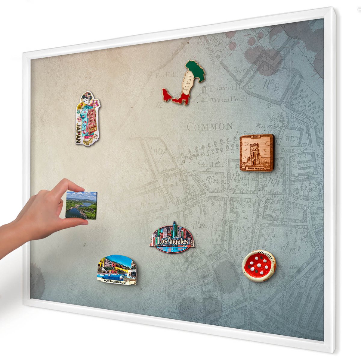 Artprintcave Beige Magneetbord mit Witte Lijst - 80x60 cm - Oude Kaart Magnetische Organizer - Vintage Magnetisch Bord - Kaarten