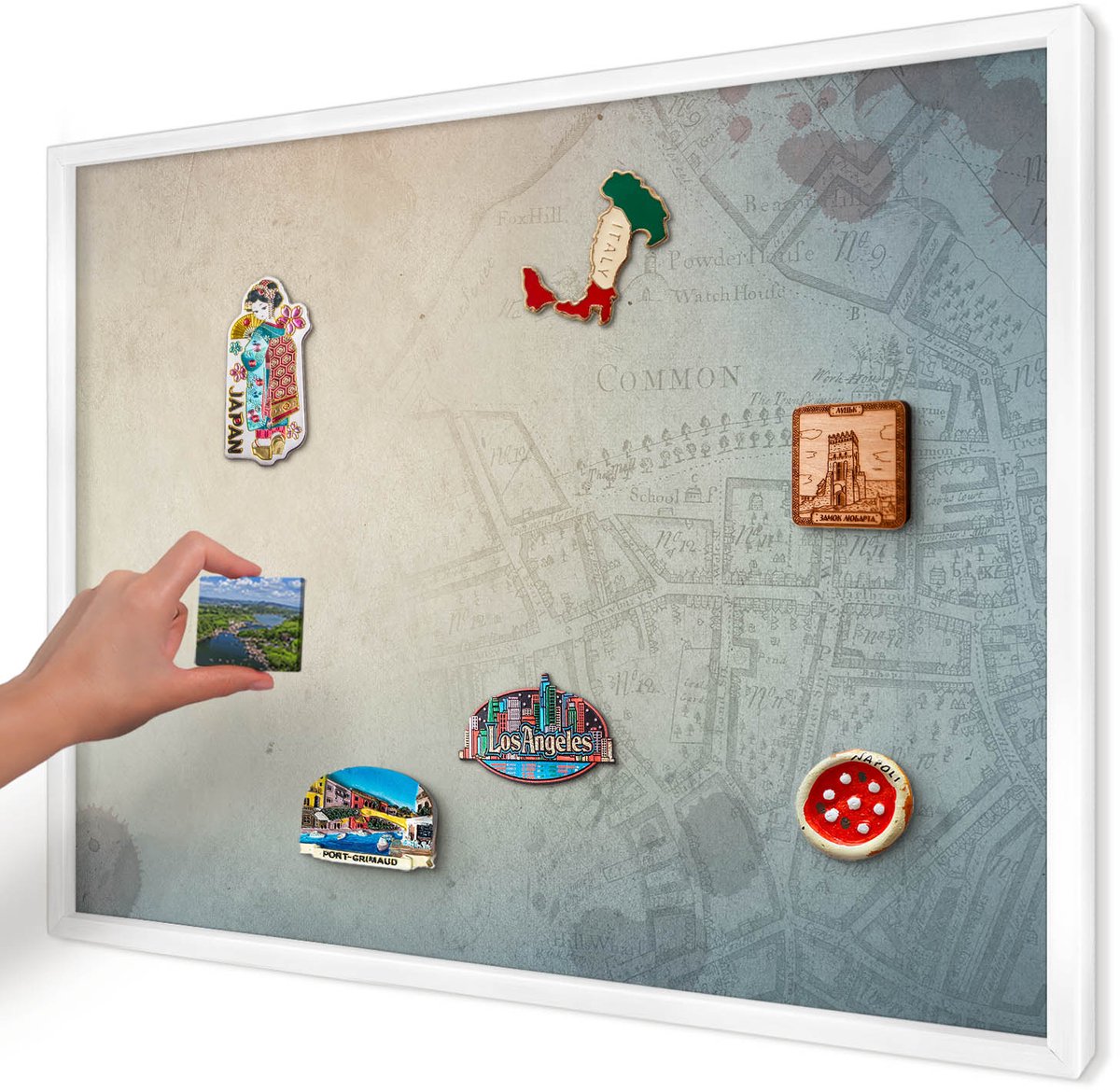 Artprintcave Beige Magneetbord mit Witte Lijst - 70x50 cm - Oude Kaart Bord Voor Magneten - Vintage Memobord Keuken - Kaarten