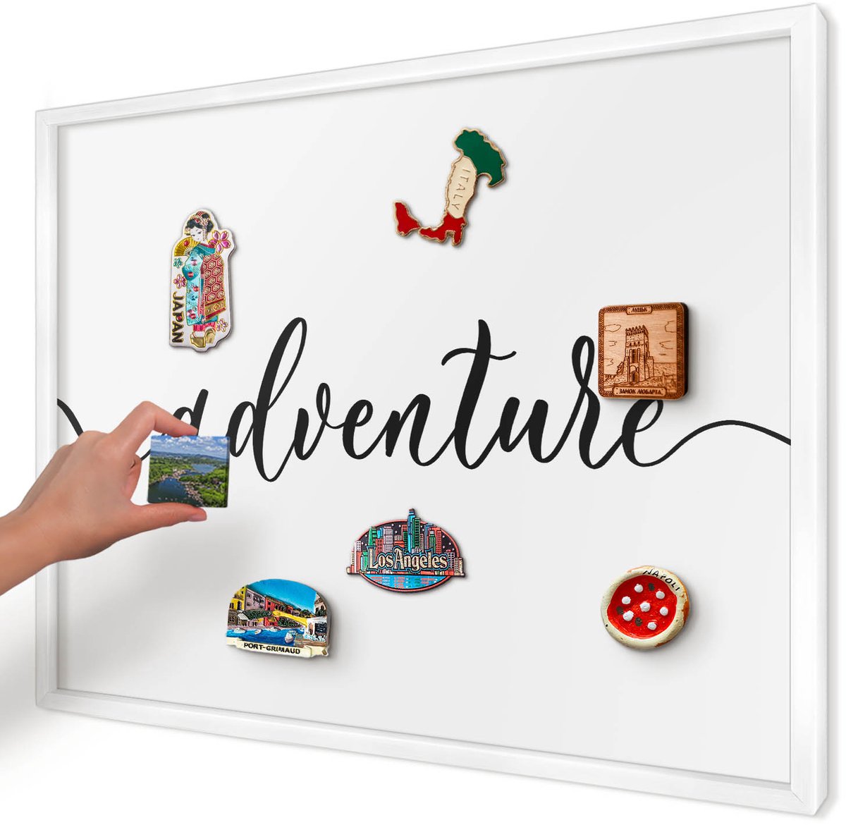 Artprintcave Wit Magneetbord mit Witte Lijst - 70x50 cm - Avontuur Geschreven Magneetbord Voor Foto's - Typografisch Magnetisch Bord - Teksten