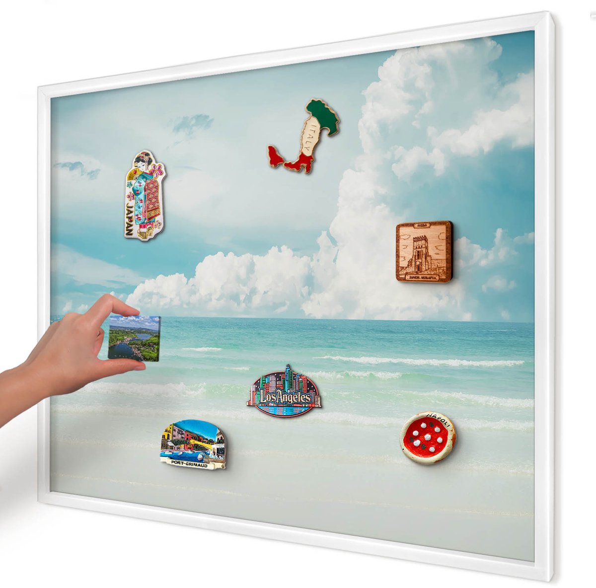 Artprintcave Blauw Magneetbord mit Witte Lijst - 80x60 cm - Maritieme Harmonie Wandbord Magnetisch - Fotografisch Memobord Keuken - Landschappen