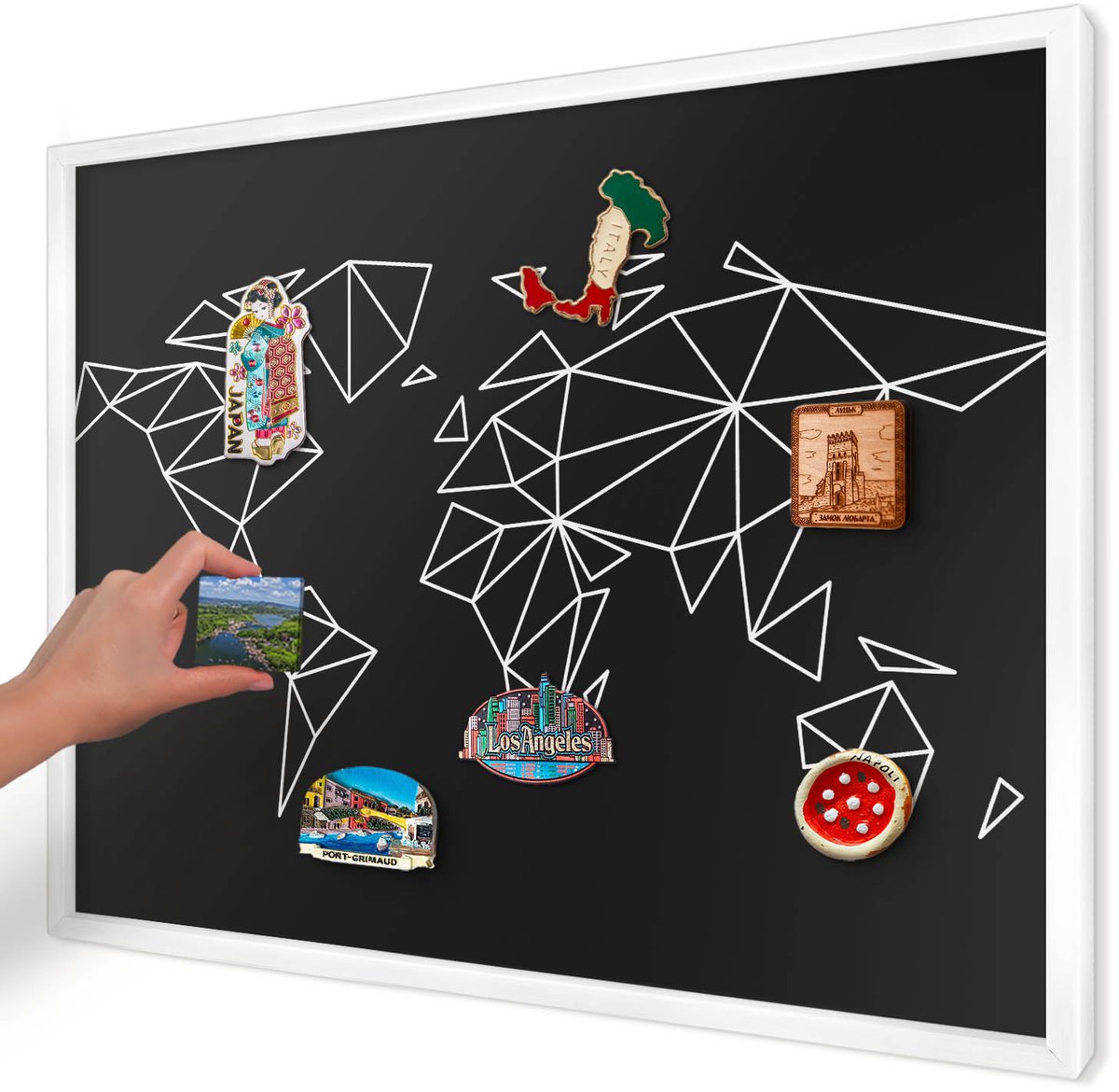 Artprintcave Zwart Magneetbord mit Witte Lijst - 70x50 cm - Wereldkaart Wandbord Magnetisch - Geometrische Magneet Bord mit Frame - Geometrie