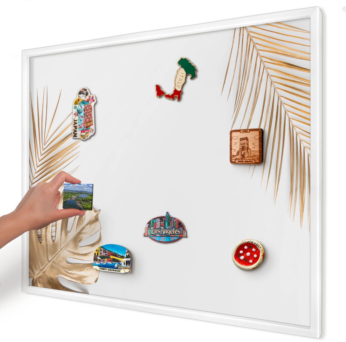 Artprintcave Wit Magneetbord mit Witte Lijst - 80x60 cm - Elegante Bladeren Wandbord Magnetisch - Minimalist Magneetbord Voor Foto's - Bloemen En Planten