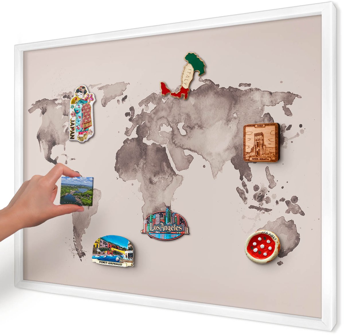 Artprintcave Bruin Magneetbord mit Witte Lijst - 70x50 cm - Wereldkaart Magneet Bord mit Frame - Waterverf Memobord Keuken - Kaarten