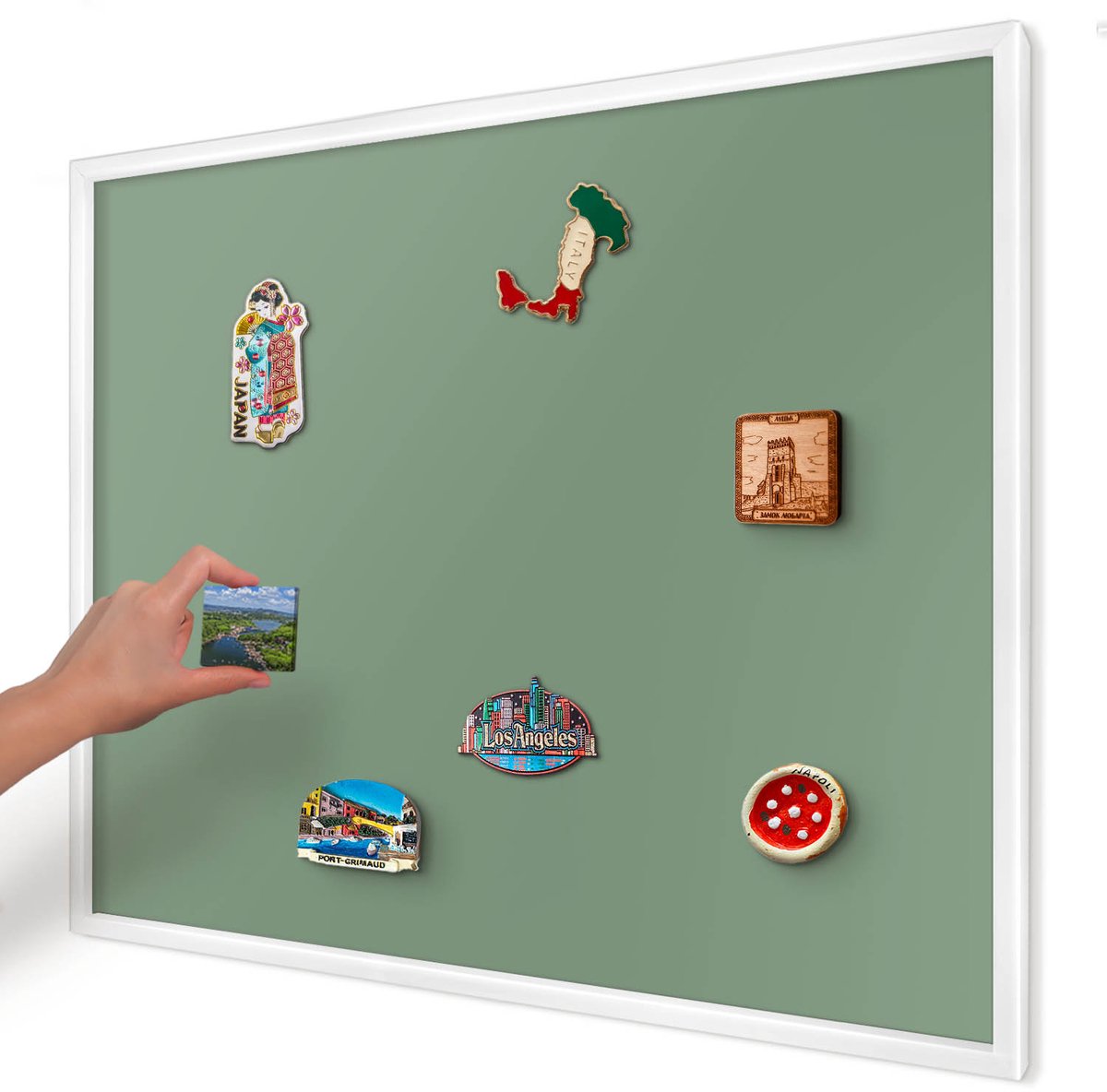 Artprintcave Groente Magneetbord mit Witte Lijst - 80x60 cm - Gedempt Groen Magnetische Organizer - Minimalist Magneetbord Voor Keuken - Achtergronden En Patronen