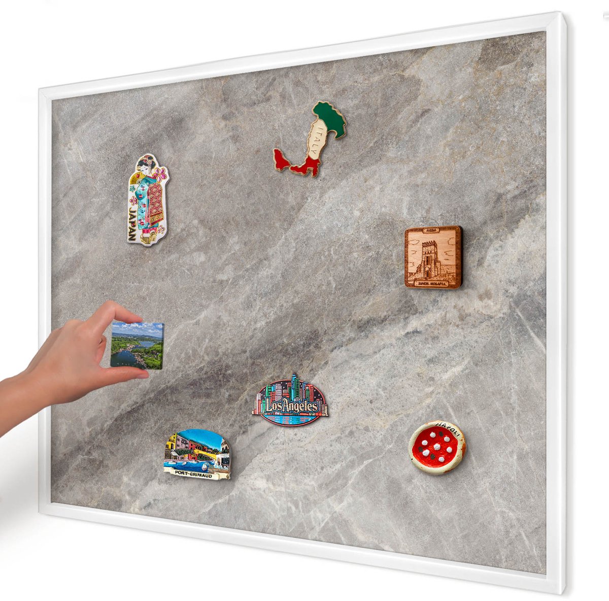 Artprintcave Grijs Magneetbord mit Witte Lijst - 80x60 cm - Steenstructuur Magneet Bord mit Frame - Minimalist Magneetbord Voor Foto's - Texturen