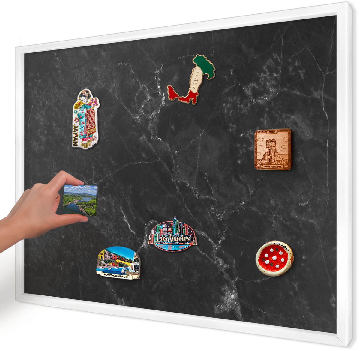 Artprintcave Zwart Magneetbord mit Witte Lijst - 70x50 cm - Zwart Marmer Memobord Keuken - Minimalist Magneet Bord mit Frame - Texturen