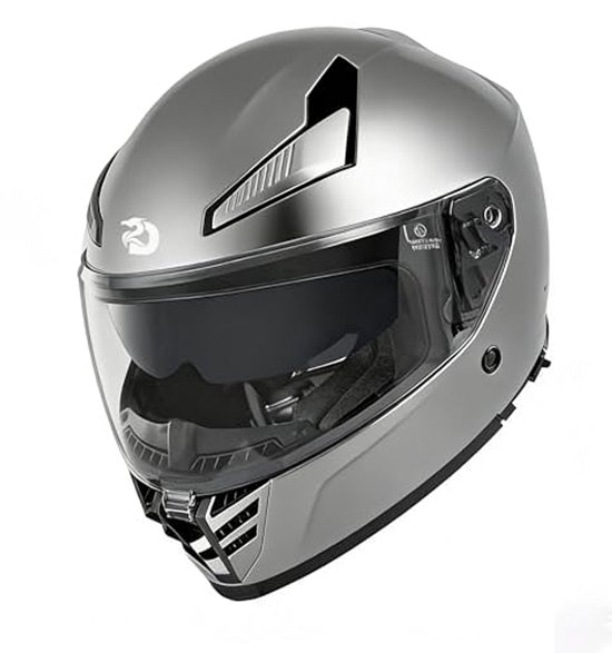 Matgrijze integraalhelm met getint vizier en aerodynamische details.
