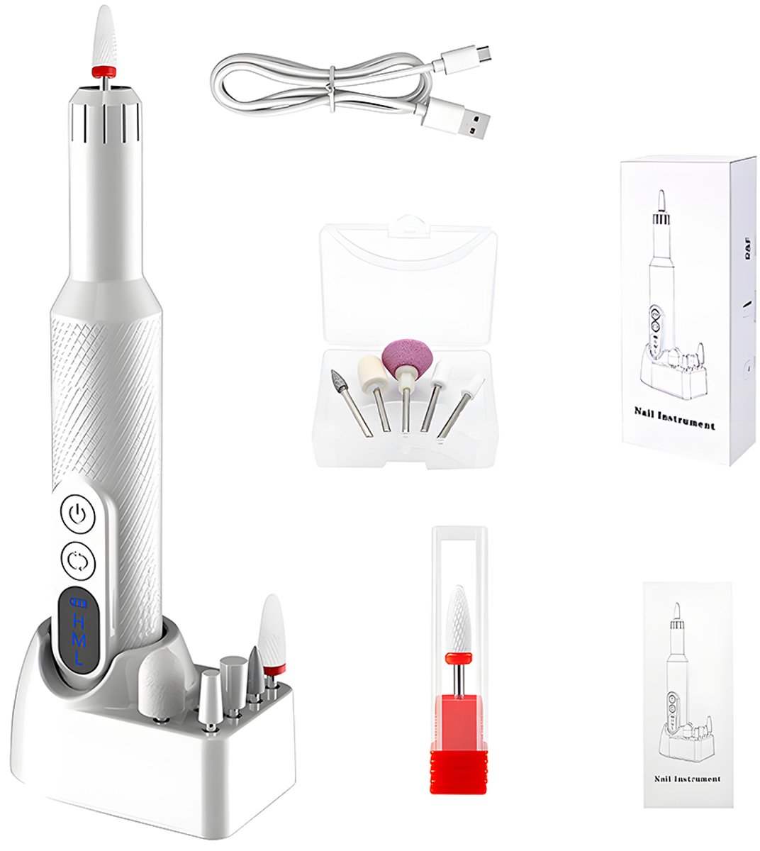 Elektrische nagelvijl – Nagelvijlmachine – Elektrische nagelslijper – Draadloos, USB-oplaadbaar – Voor manicures en pedicures – Inclusief 6 vijlkoppen – 500 mAh batterijcapaciteit – ABS – Wit