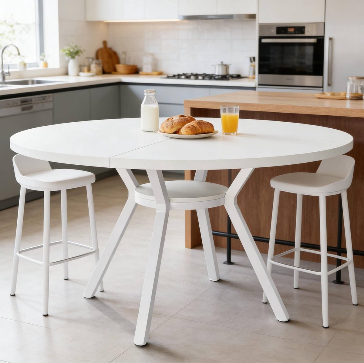 DESMIU Eettafel - Ronde Tafel Voor 4 Tot 6 Personen - Voor Eetkamer, Keuken En Ontvangstruimte - Metaal En Hout - Wit - 120x76 Cm