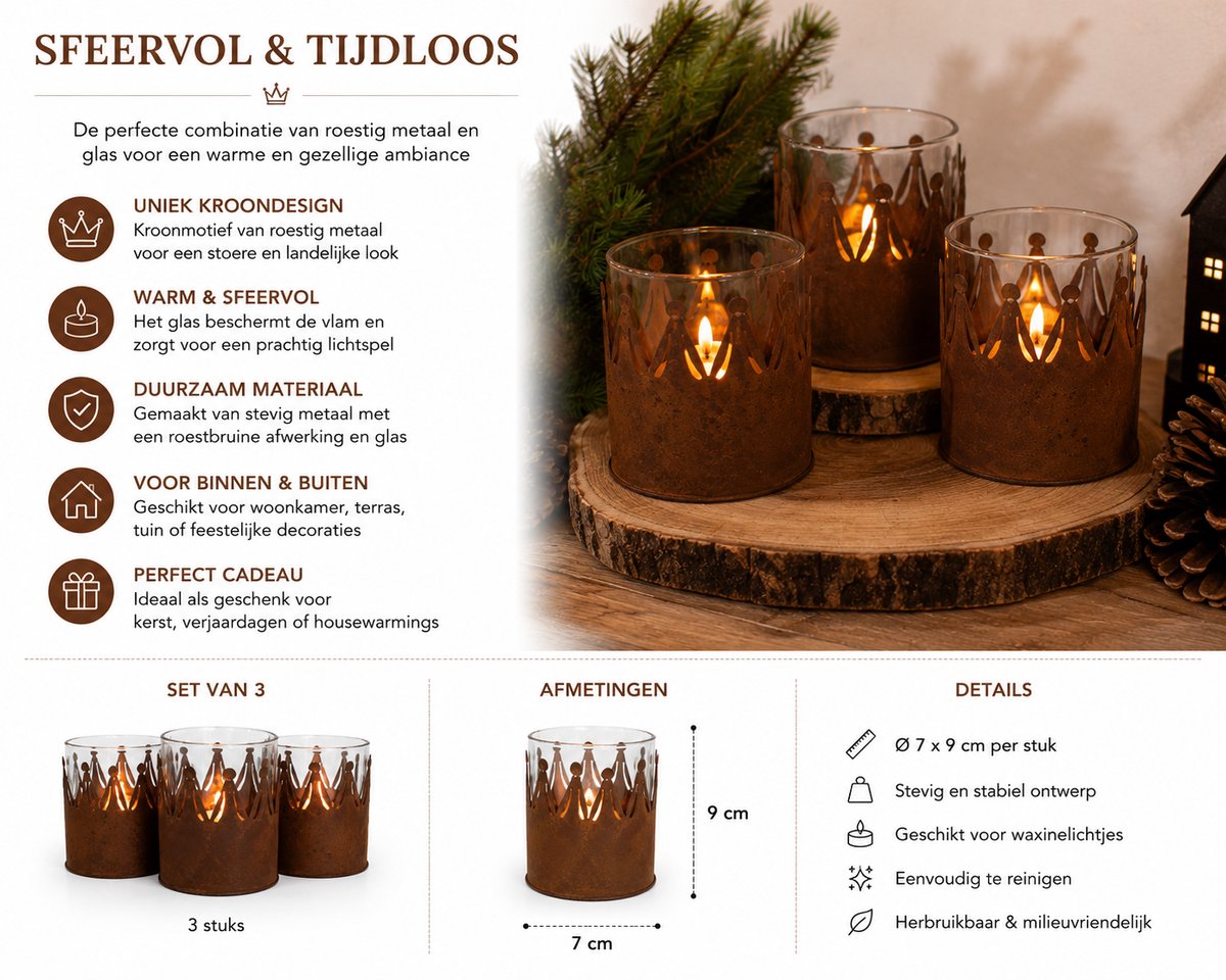 Waxinelichthouders Kroon – Set van 3 – Metalen Theelichthouders met Glas – Ø 7 x 9 cm – Roestbruine Kaarsenhouders voor Kerst, Herfst en Landelijke Woondecoratie – foto 6