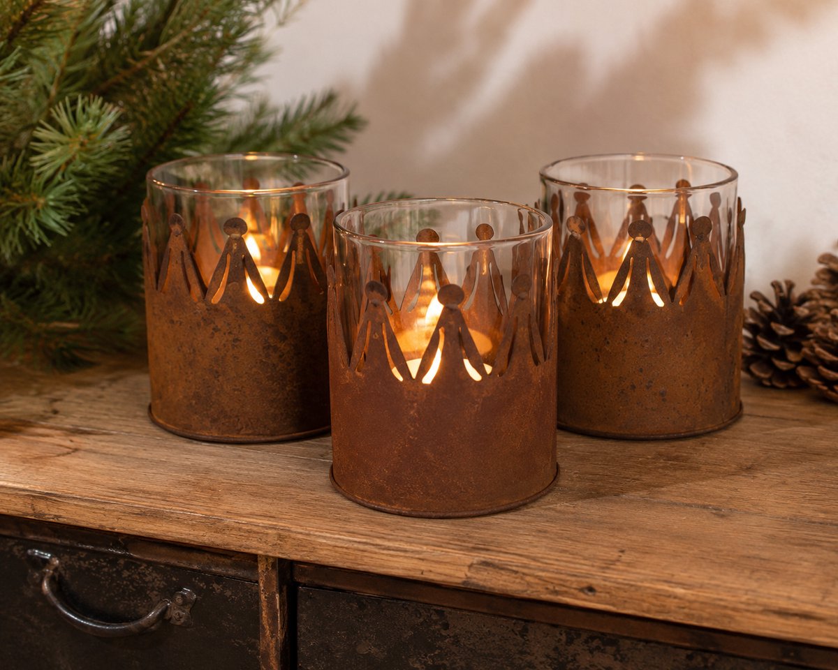 Waxinelichthouders Kroon – Set van 3 – Metalen Theelichthouders met Glas – Ø 7 x 9 cm – Roestbruine Kaarsenhouders voor Kerst, Herfst en Landelijke Woondecoratie – foto 3