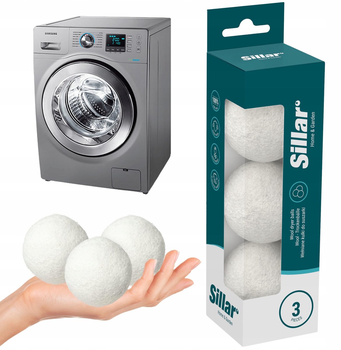 Sillar Drogerballen 3 stuks - Wasdrogerballen - 100% Schapenwol - Herbruikbare - Wasverzachter - Antistatisch - verkort droogtijd