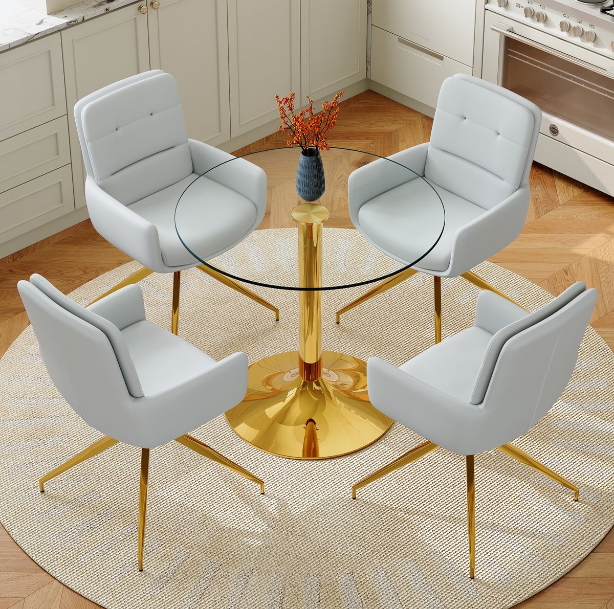 DESMIU Set Tafel En Stoelen 85 Cm - Ronde Glazen Eettafel Met 4 360 Graden Draaibare Eetkamerstoelen - Voor Eetkamer En Lounge - Metaal Kunststof Goud Lichtgrijs Transparant