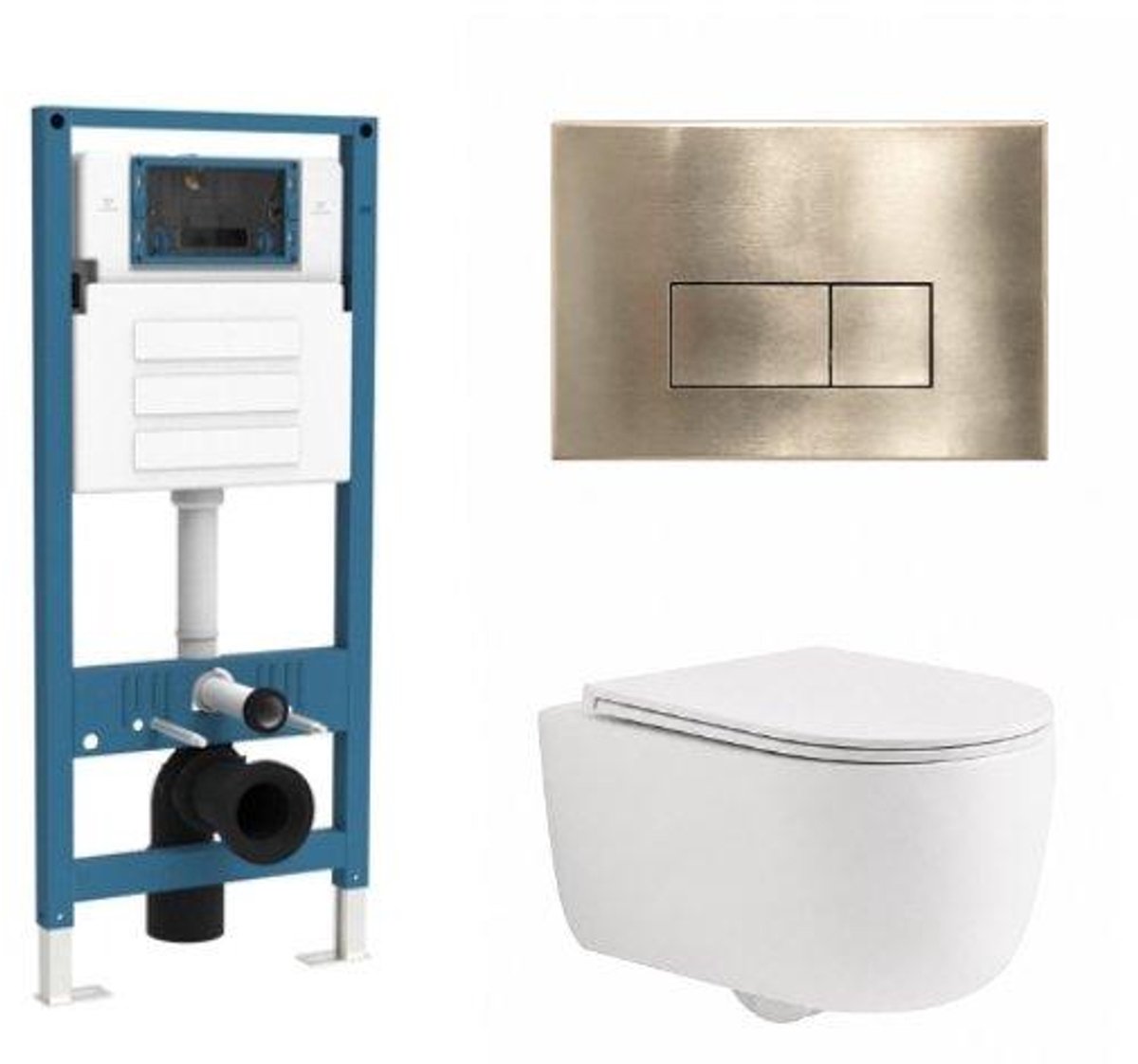 QeramiQ Dely Swirl Toiletset - inbouwreservoir Qeramiq Flush - slim zitting - metaal messing geborstelde bedieningsplaat - rechthoekige knoppen - mat wit