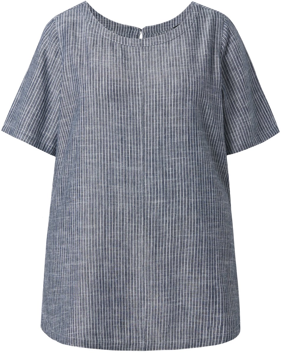 Ulla Popken - Dames - Blouse linnenmix strepen ronde hals halve mouwen - Inktblauw - Maat 42+