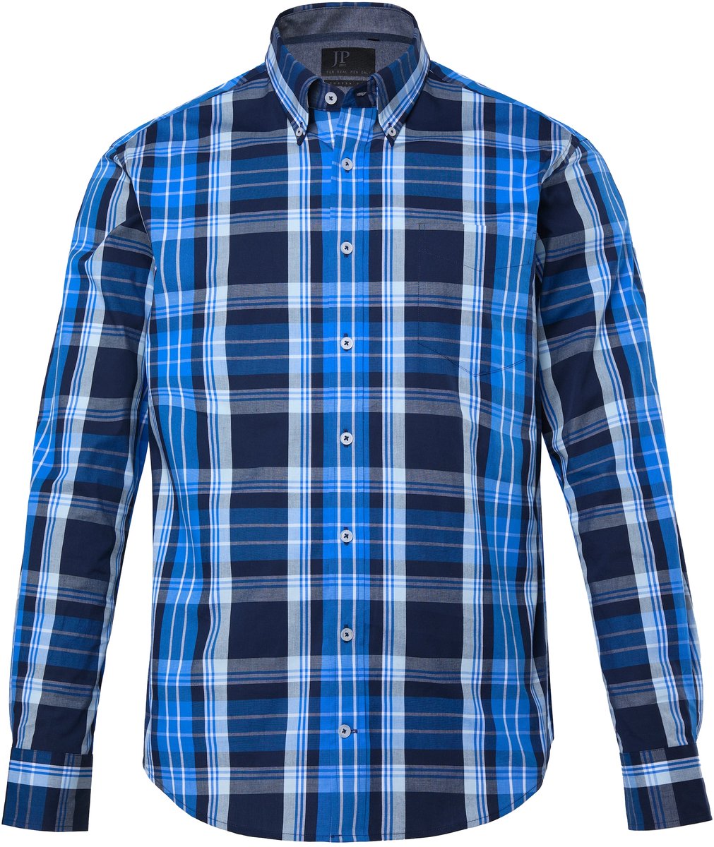 JP 1880 - Heren - Geruit overhemd FLEXNAMIC® lange mouwen buttondown kraag - Licht kobaltblauw - Maat L