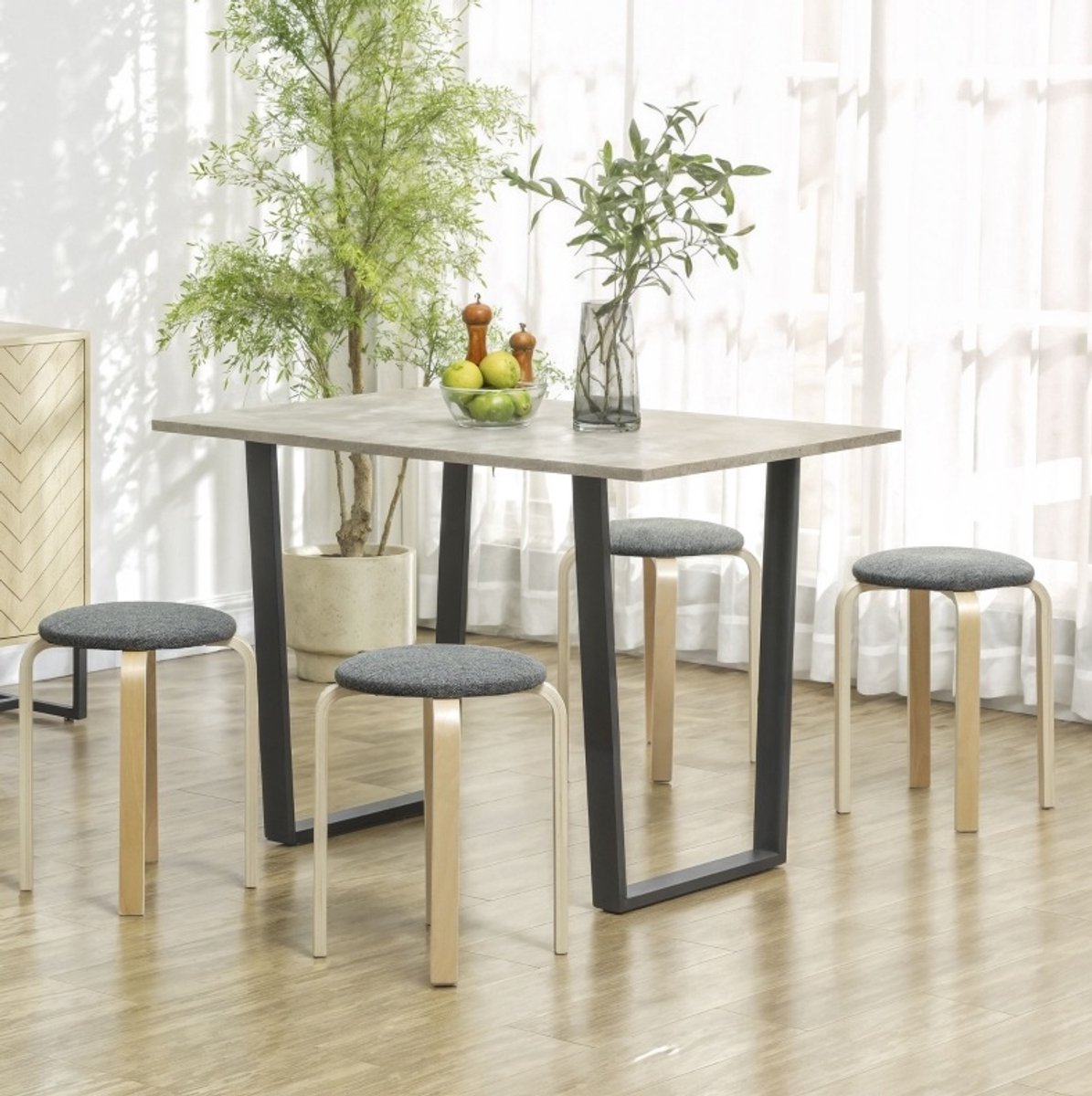 COVREO Hocker 40x40x45 cm grijs, hout, set van 4 stapelbaar rond